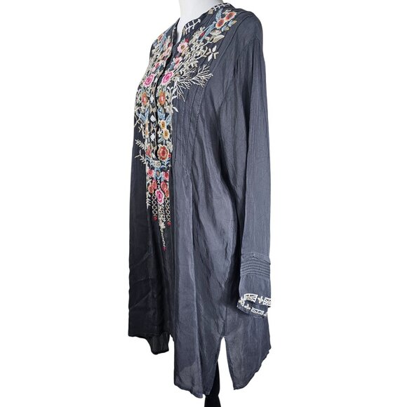 Johnny Was Arianna Floral Embroidered LS Tunic Blouse XL Gray Boho Relaxed Flowy - Picture 2 of 11